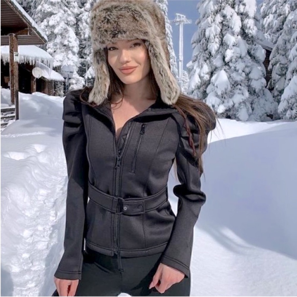 ZARA Puff Sleeve NEOPRENE-EFFECT JACKET w/ Belt Black NEW